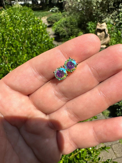 Rainbow Opal Moissanite Screwback Stud Earrings 925 Silver 14k Gold Plated 3-8mm