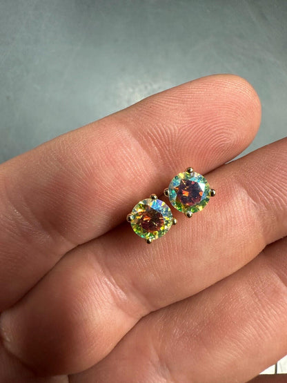 Rainbow Opal Moissanite Screwback Stud Earrings 925 Silver 14k Gold Plated 3-8mm