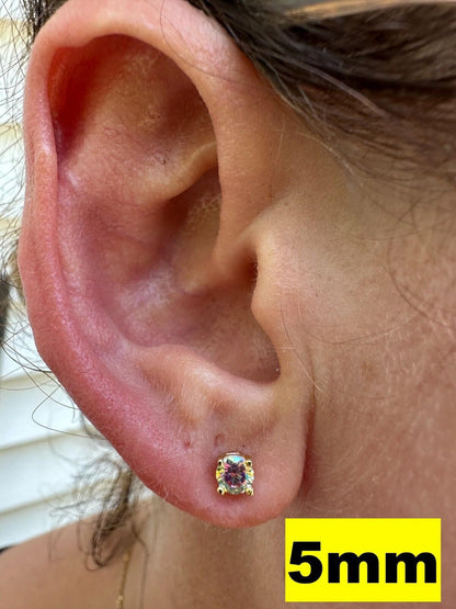 Rainbow Opal Moissanite Screwback Stud Earrings 925 Silver 14k Gold Plated 3-8mm