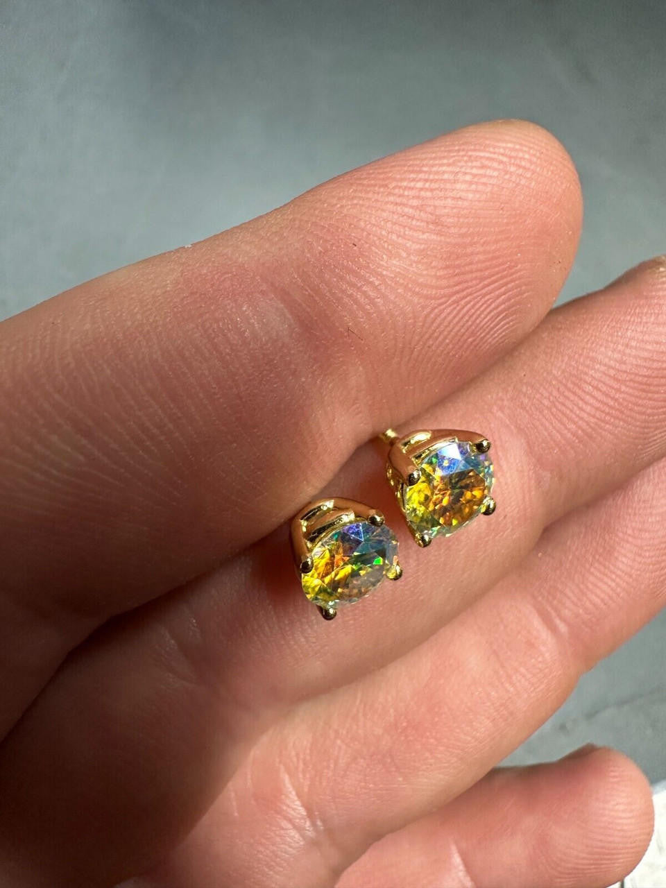 Rainbow Opal Moissanite Screwback Stud Earrings 925 Silver 14k Gold Plated 3-8mm