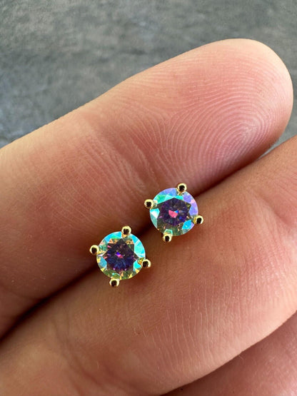 Rainbow Opal Moissanite Screwback Stud Earrings 925 Silver 14k Gold Plated 3-8mm
