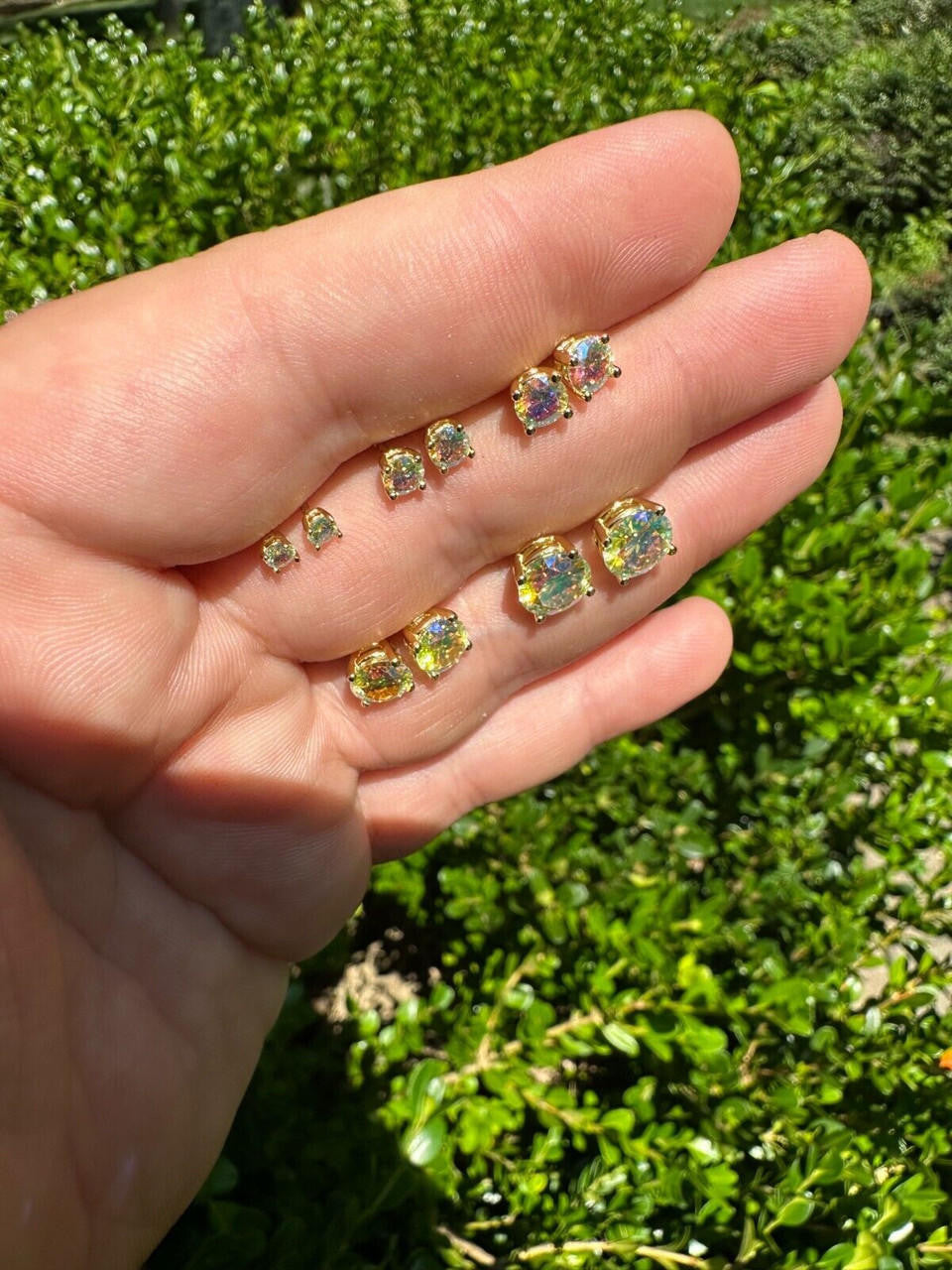Rainbow Opal Moissanite Screwback Stud Earrings 925 Silver 14k Gold Plated 3-8mm