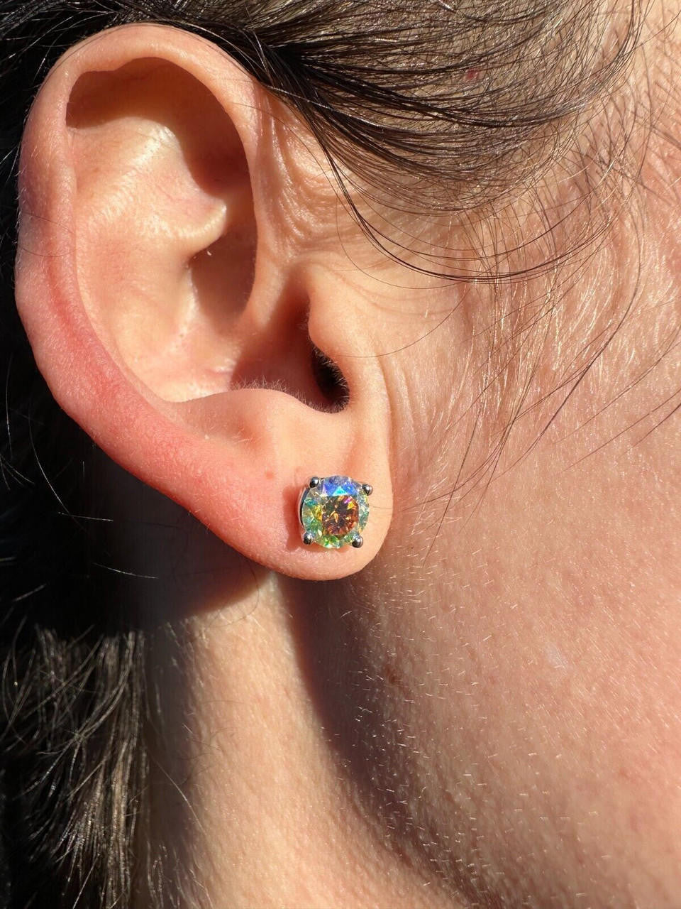 Rainbow Opal Moissanite Screwback Stud Earrings 925 Silver 3-8mm Pass Diamond Tester