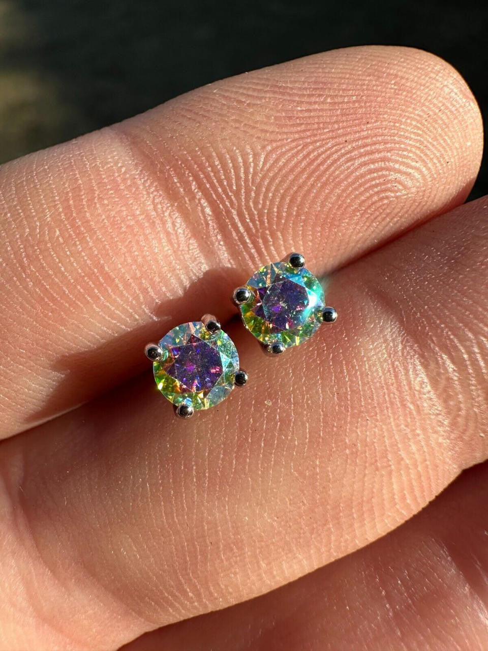 Rainbow Opal Moissanite Screwback Stud Earrings 925 Silver 3-8mm Pass Diamond Tester