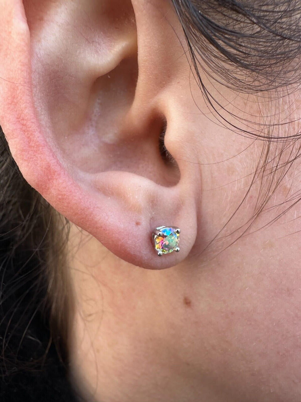 Rainbow Opal Moissanite Screwback Stud Earrings 925 Silver 3-8mm Pass Diamond Tester