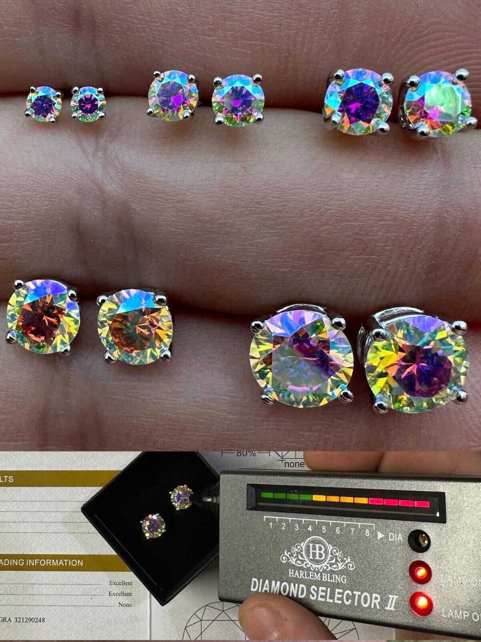 Rainbow Opal Moissanite Screwback Stud Earrings 925 Silver 3-8mm Pass Diamond Tester