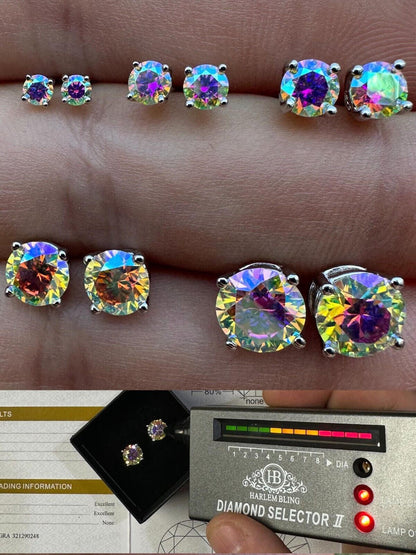 Rainbow Opal Moissanite Screwback Stud Earrings 925 Silver 3-8mm Pass Diamond Tester