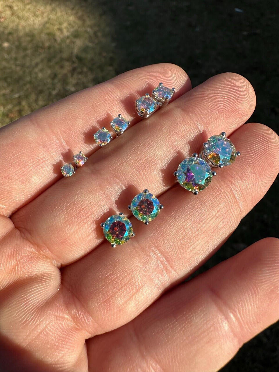 Rainbow Opal Moissanite Screwback Stud Earrings 925 Silver 3-8mm Pass Diamond Tester