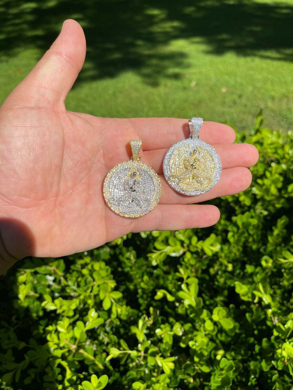 Real 925 Silver Gold Euphanasia Tupac 2Pac Pendant Medallion Necklace Iced Big