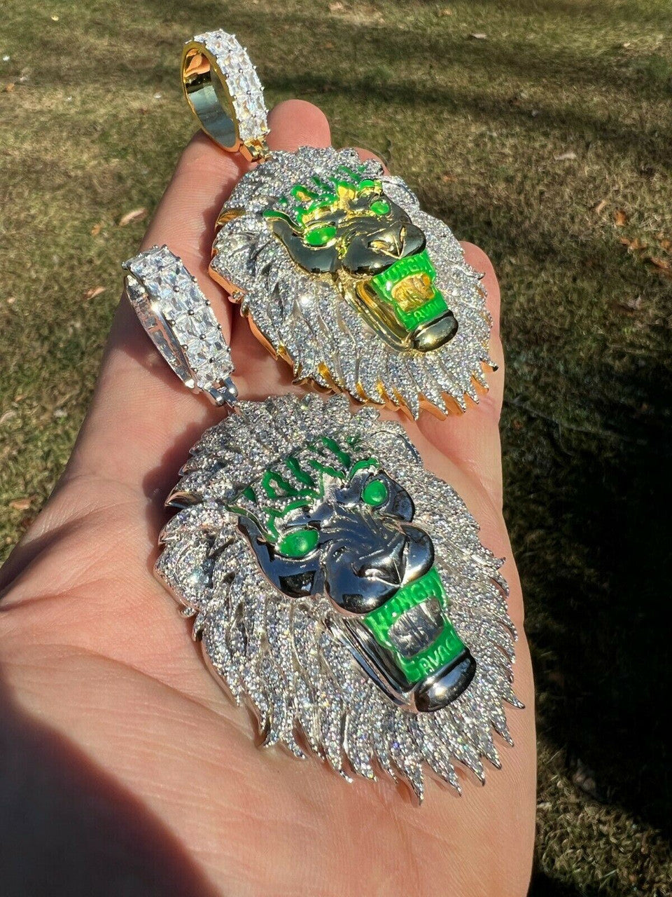 Real 925 Silver Gold Glows In Dark LION KING Huge 3 Hip Hop Pendant Necklace