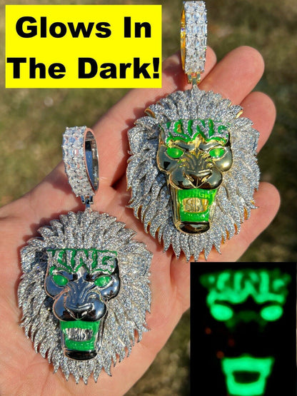 Real 925 Silver Gold Glows In Dark LION KING Huge 3 Hip Hop Pendant Necklace