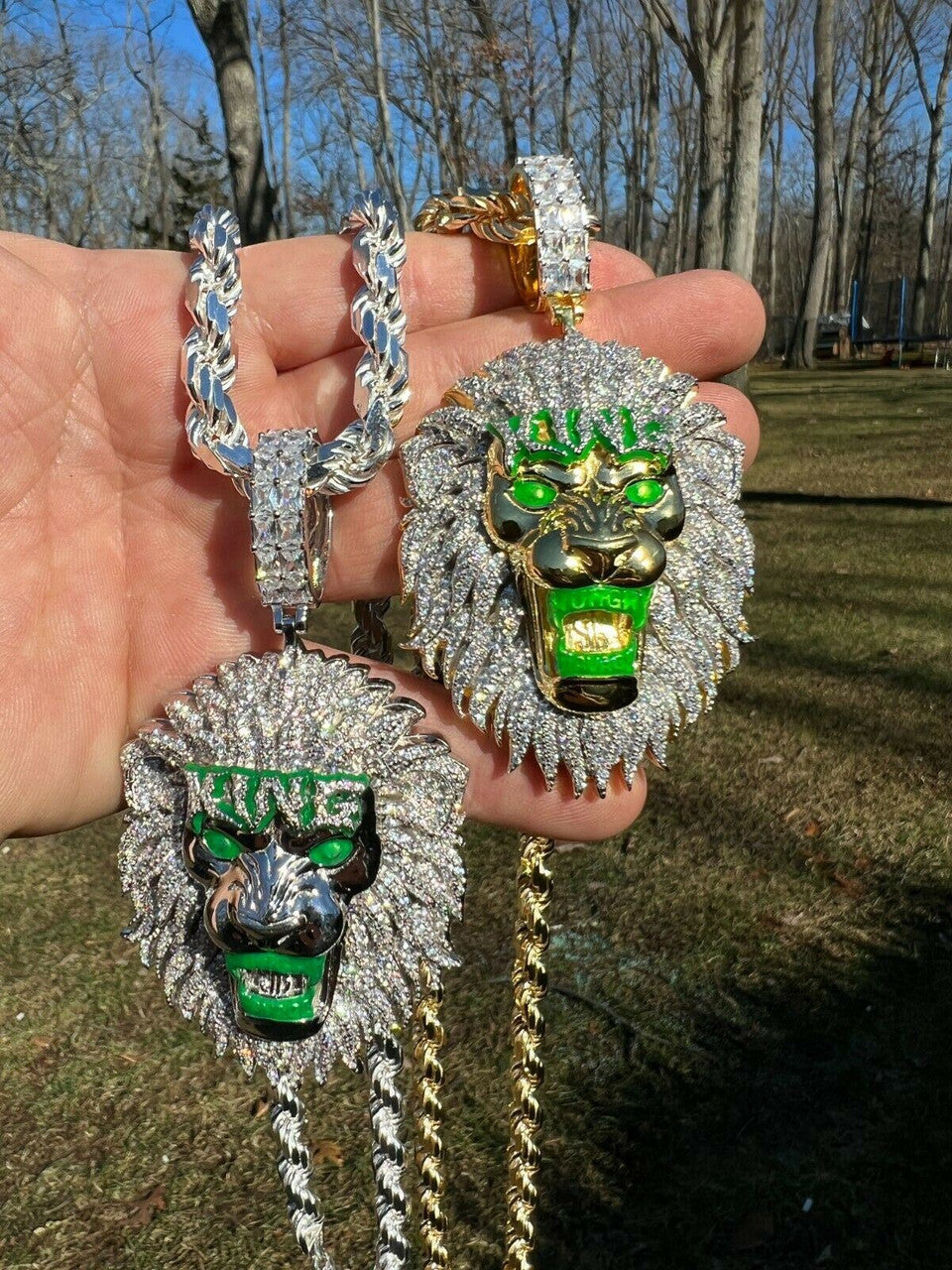 Real 925 Silver Gold Glows In Dark LION KING Huge 3 Hip Hop Pendant Necklace