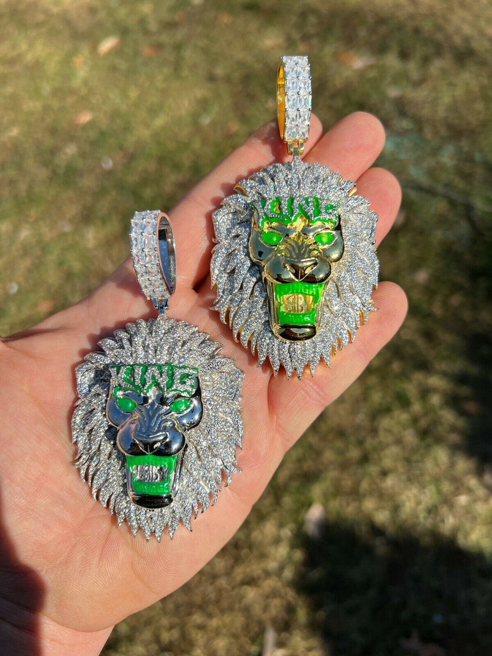 Real 925 Silver Gold Glows In Dark LION KING Huge 3 Hip Hop Pendant Necklace