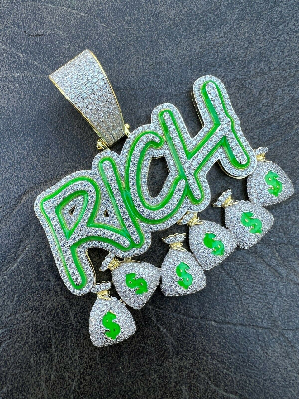 Real 925 Silver Gold Glows In Dark RICH Money Bag dollar Big Hip Hop Pendant Necklace