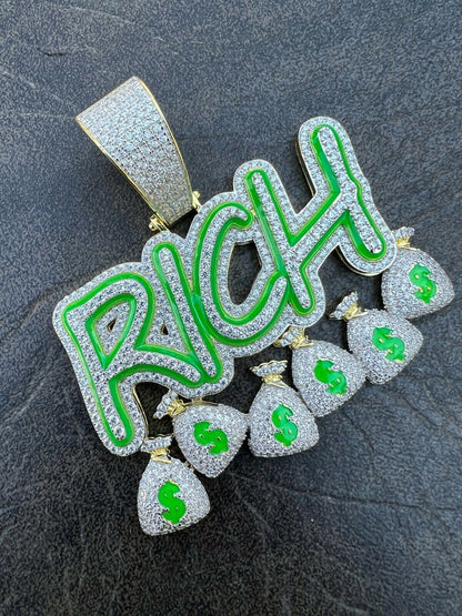 Real 925 Silver Gold Glows In Dark RICH Money Bag dollar Big Hip Hop Pendant Necklace