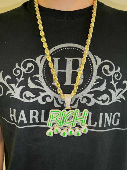 Real 925 Silver Gold Glows In Dark RICH Money Bag dollar Big Hip Hop Pendant Necklace