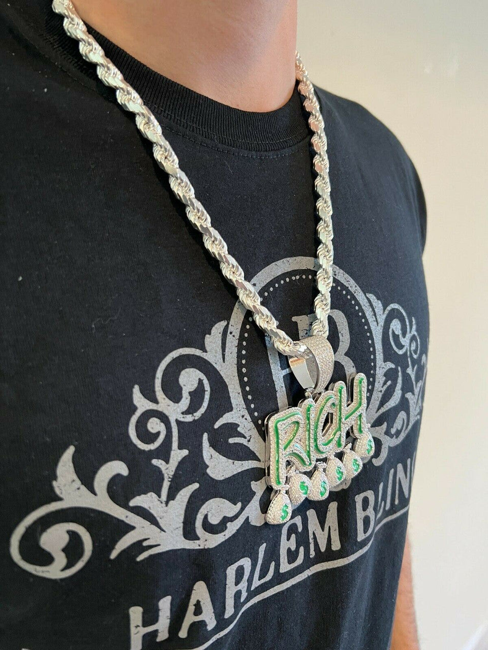 Real 925 Silver Gold Glows In Dark RICH Money Bag dollar Big Hip Hop Pendant Necklace