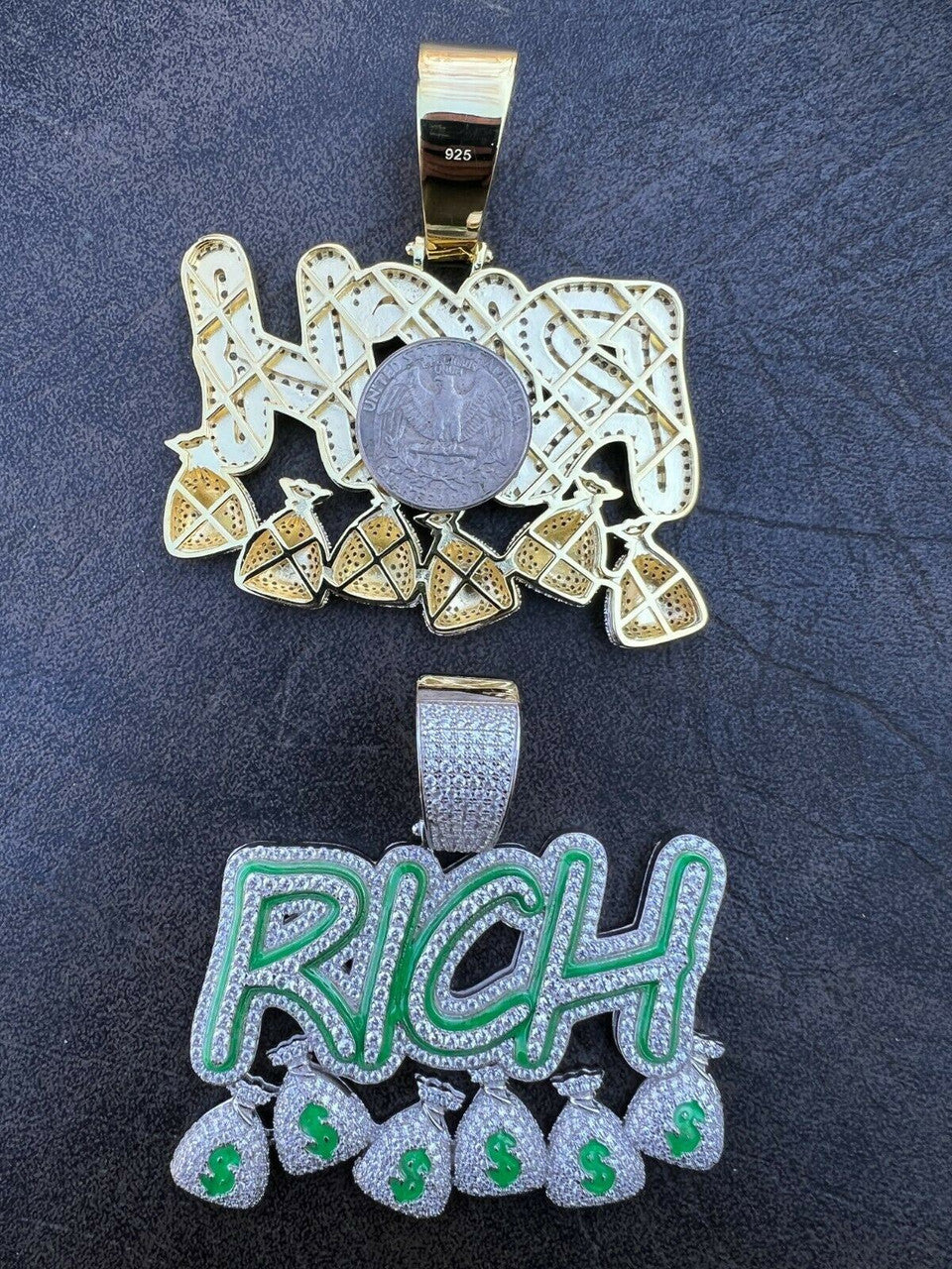Real 925 Silver Gold Glows In Dark RICH Money Bag dollar Big Hip Hop Pendant Necklace