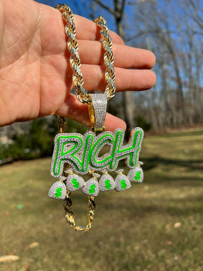 Real 925 Silver Gold Glows In Dark RICH Money Bag dollar Big Hip Hop Pendant Necklace