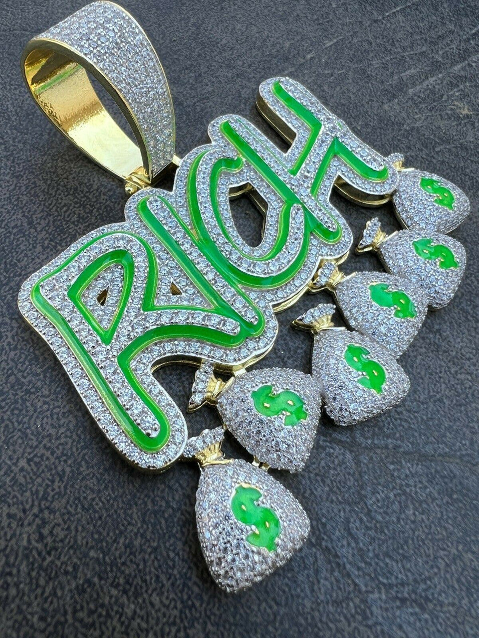 Real 925 Silver Gold Glows In Dark RICH Money Bag dollar Big Hip Hop Pendant Necklace