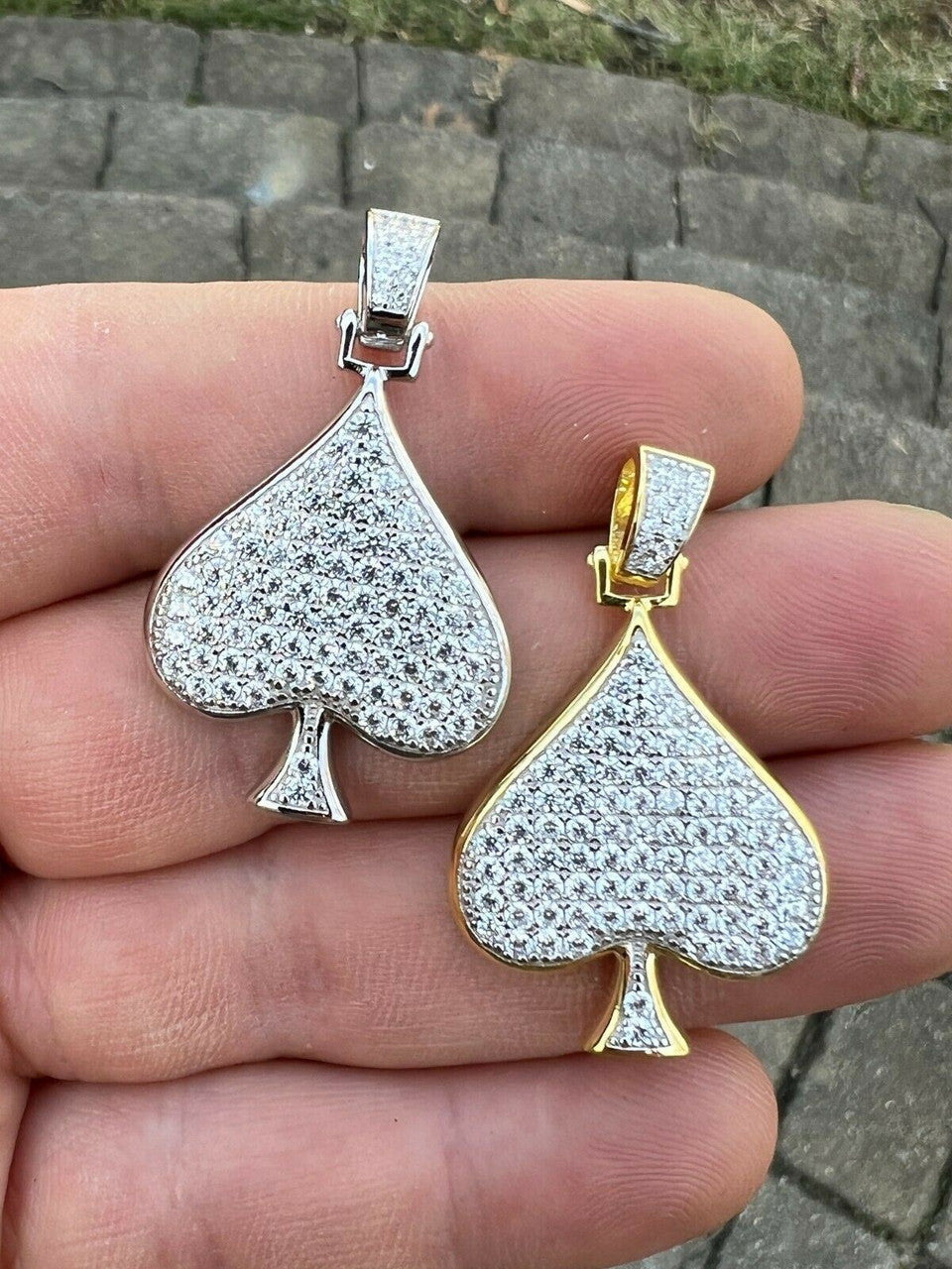 Real 925 Silver / Gold Hip Hop ACE Of Spades Pendant Iced Diamond Necklace Lucky