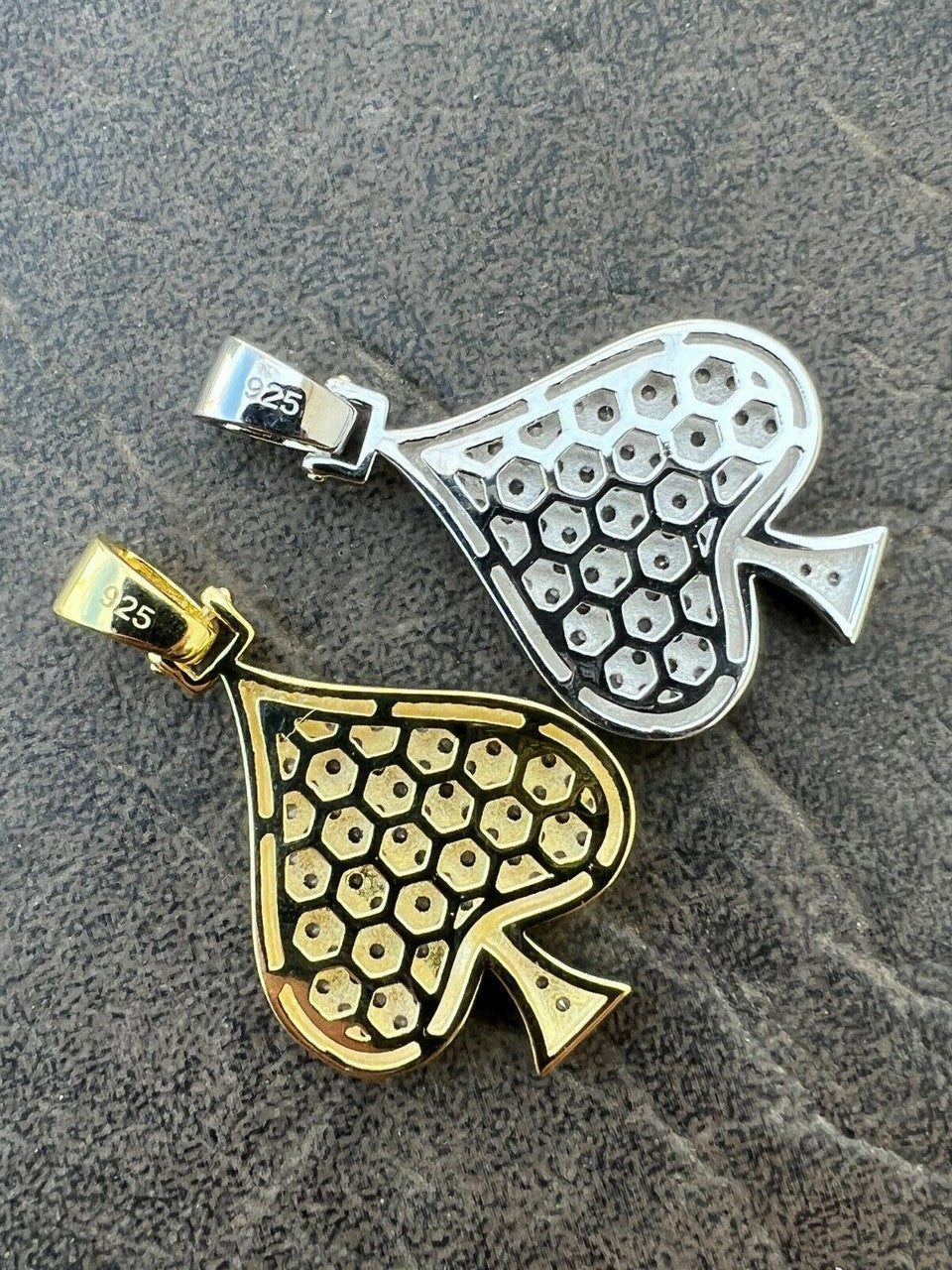 Real 925 Silver / Gold Hip Hop ACE Of Spades Pendant Iced Diamond Necklace Lucky