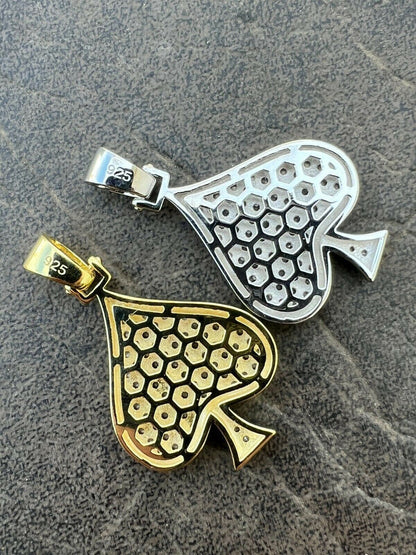Real 925 Silver / Gold Hip Hop ACE Of Spades Pendant Iced Diamond Necklace Lucky