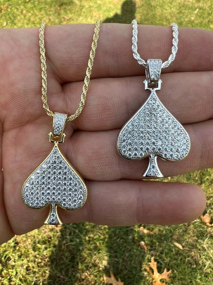 Real 925 Silver / Gold Hip Hop ACE Of Spades Pendant Iced Diamond Necklace Lucky