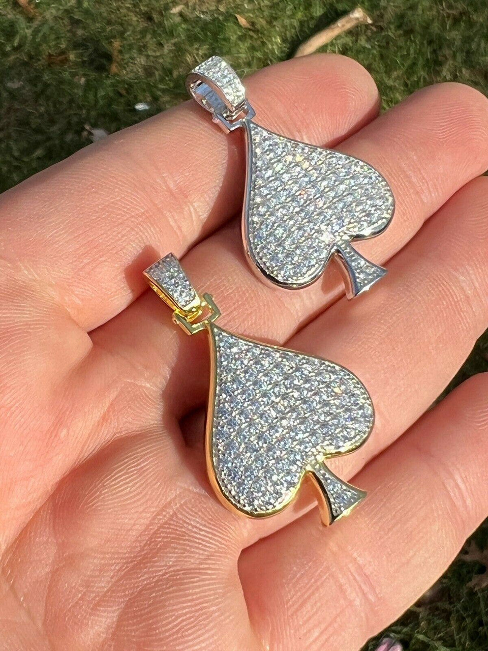 Real 925 Silver / Gold Hip Hop ACE Of Spades Pendant Iced Diamond Necklace Lucky