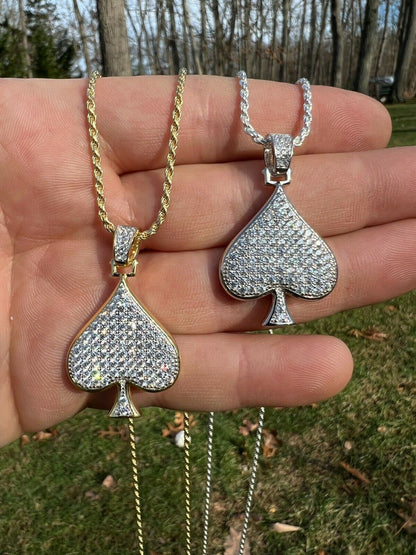 Real 925 Silver / Gold Hip Hop ACE Of Spades Pendant Iced Diamond Necklace Lucky