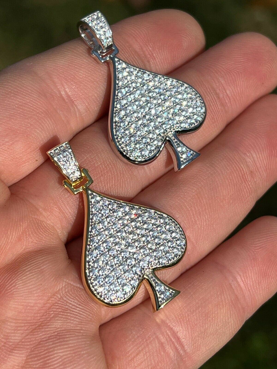 Real 925 Silver / Gold Hip Hop ACE Of Spades Pendant Iced Diamond Necklace Lucky