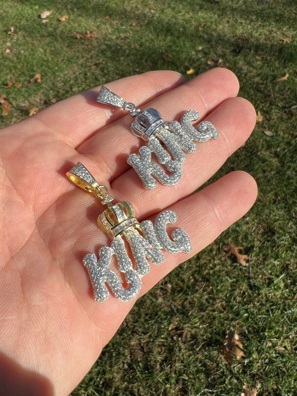 Real 925 Silver / Gold Hip Hop King W Crown Pendant Iced Diamond Necklace Mens