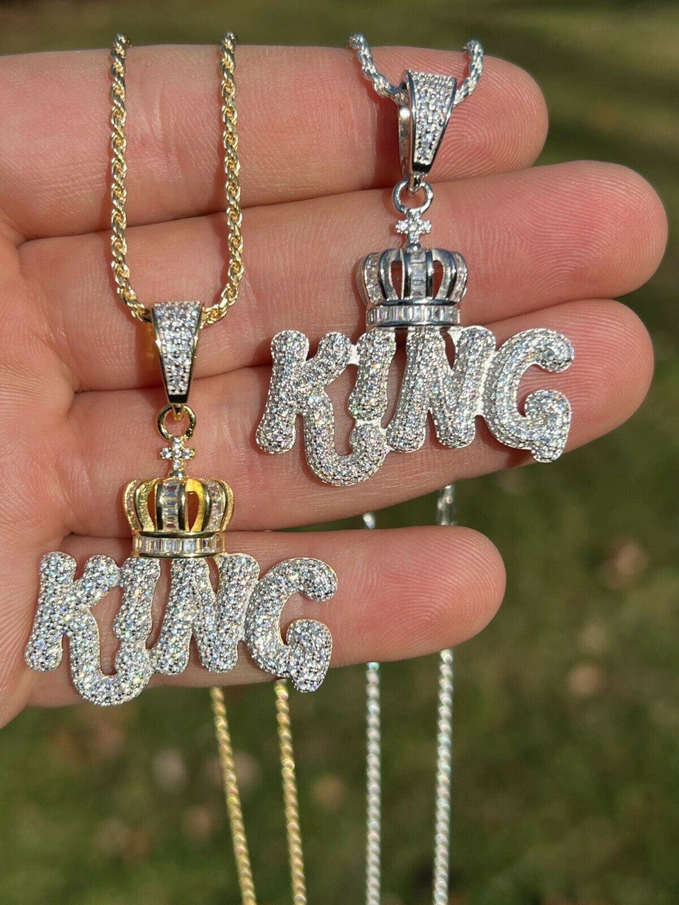 Real 925 Silver / Gold Hip Hop King W Crown Pendant Iced Diamond Necklace Mens