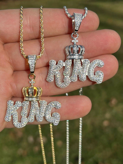 Real 925 Silver / Gold Hip Hop King W Crown Pendant Iced Diamond Necklace Mens