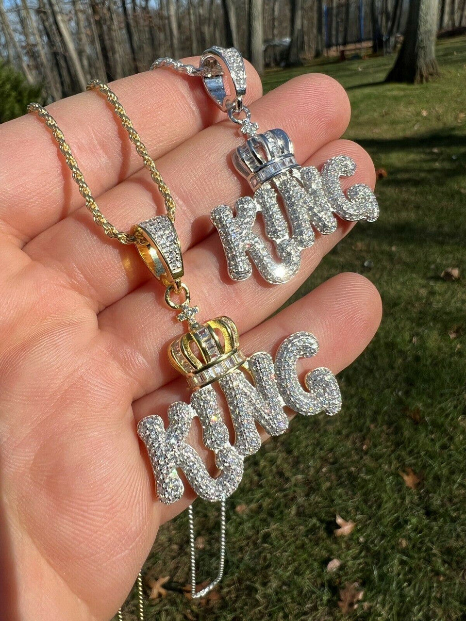 Real 925 Silver / Gold Hip Hop King W Crown Pendant Iced Diamond Necklace Mens