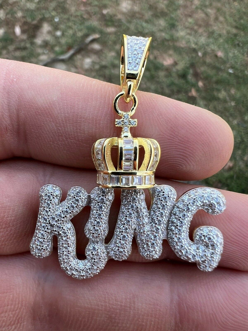 Real 925 Silver / Gold Hip Hop King W Crown Pendant Iced Diamond Necklace Mens