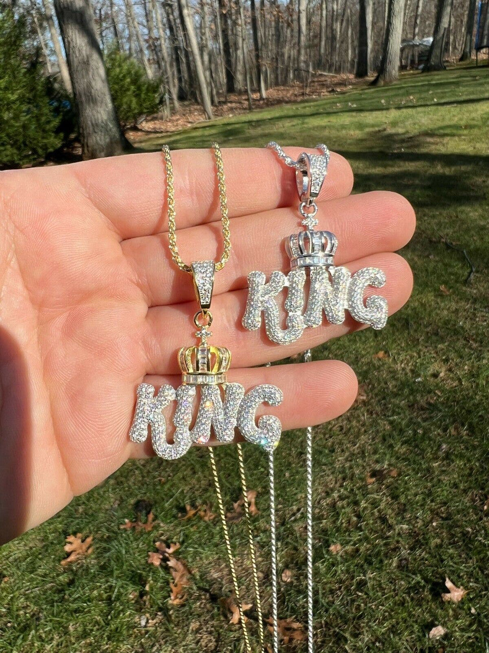Real 925 Silver / Gold Hip Hop King W Crown Pendant Iced Diamond Necklace Mens