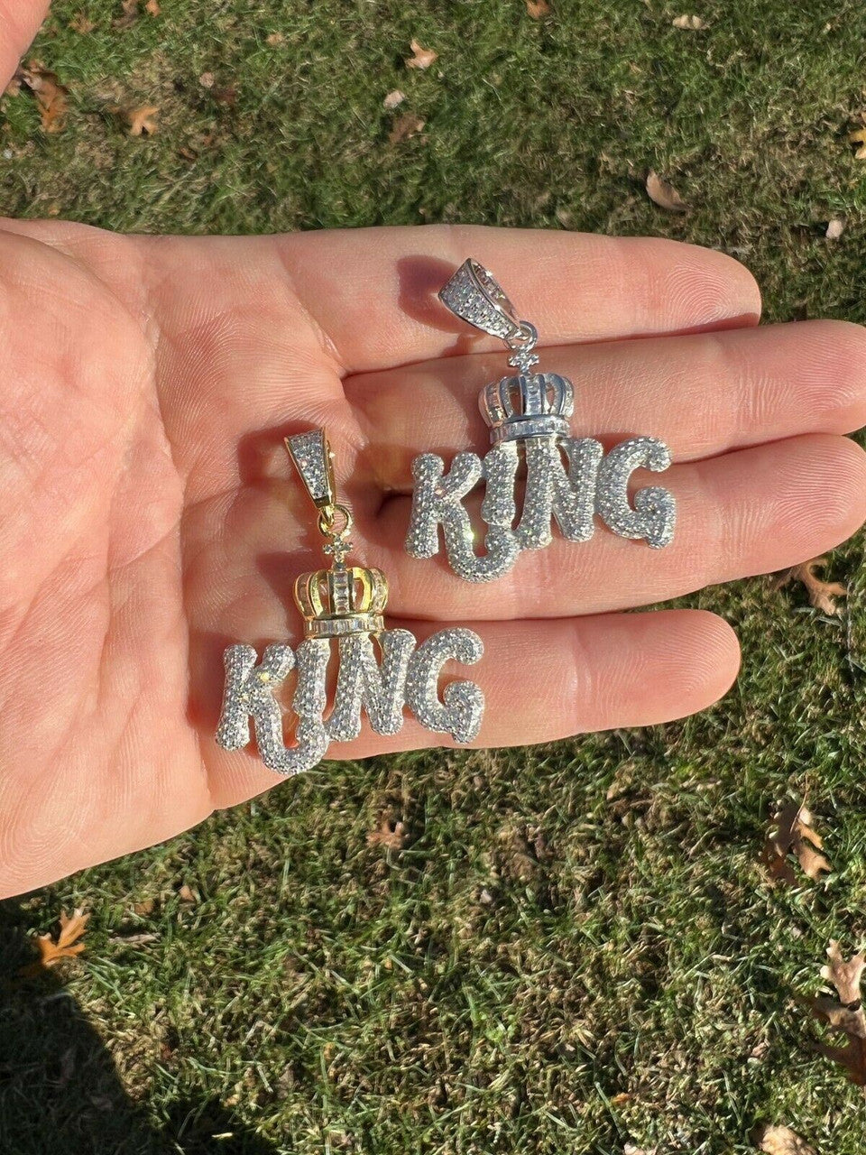Real 925 Silver / Gold Hip Hop King W Crown Pendant Iced Diamond Necklace Mens