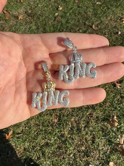 Real 925 Silver / Gold Hip Hop King W Crown Pendant Iced Diamond Necklace Mens