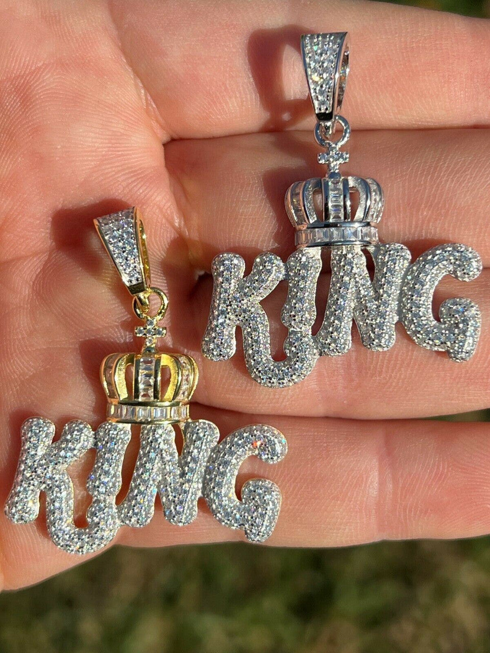 Real 925 Silver / Gold Hip Hop King W Crown Pendant Iced Diamond Necklace Mens