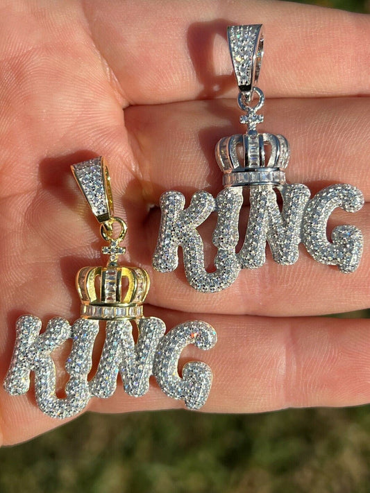 Real 925 Silver / Gold Hip Hop King W Crown Pendant Iced Diamond Necklace Mens