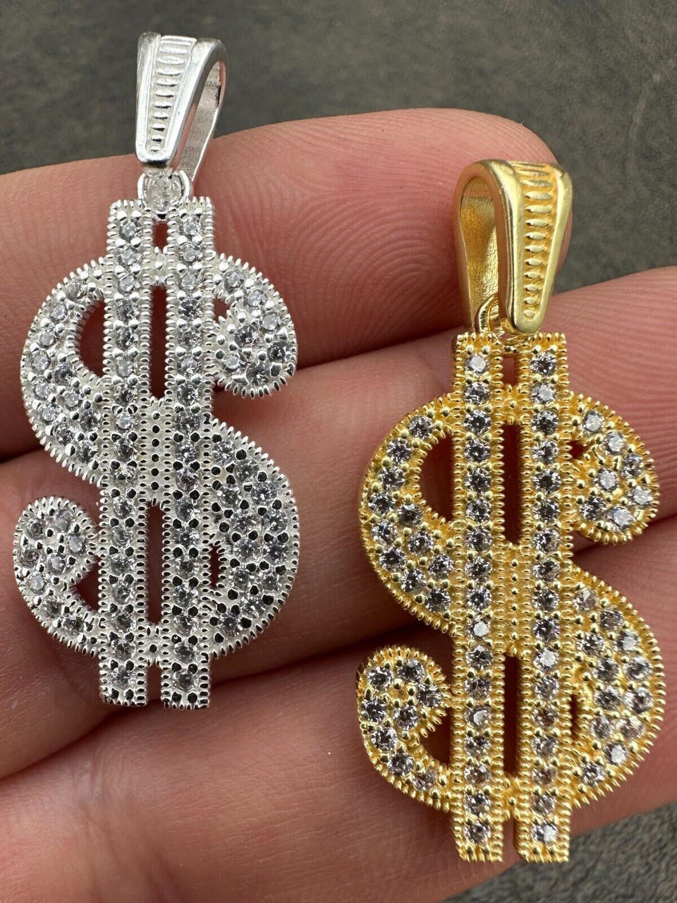 Real 925 Silver Gold Plated Iced Dollar $ Sign Money Hip Hop Pendant CZ Necklace