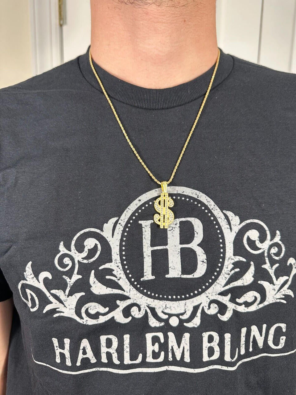 Real 925 Silver Gold Plated Iced Dollar $ Sign Money Hip Hop Pendant CZ Necklace