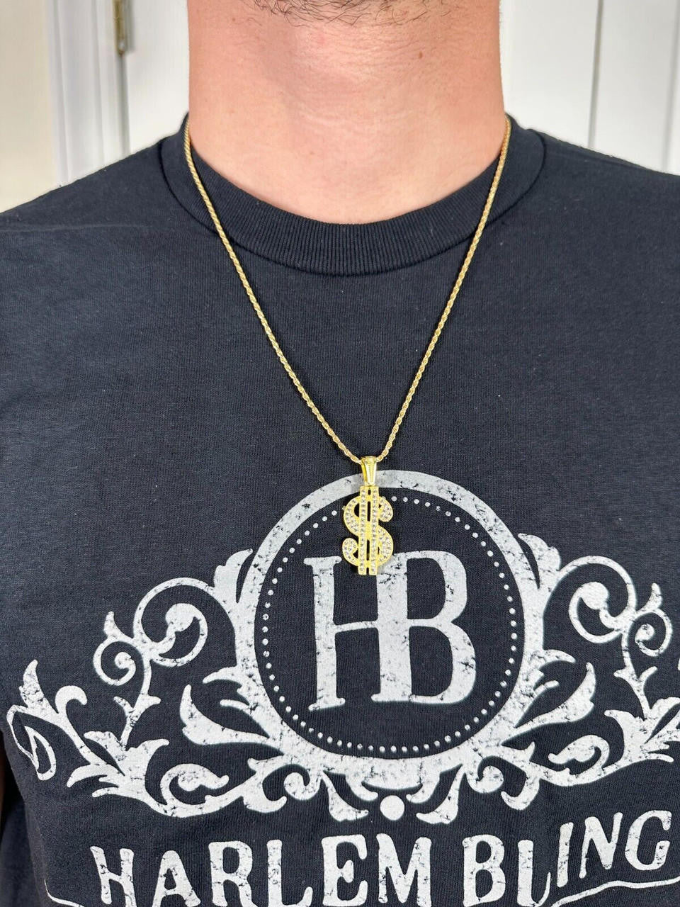 Real 925 Silver Gold Plated Iced Dollar $ Sign Money Hip Hop Pendant CZ Necklace