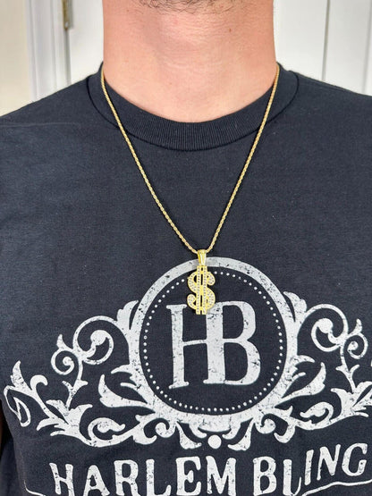 Real 925 Silver Gold Plated Iced Dollar $ Sign Money Hip Hop Pendant CZ Necklace