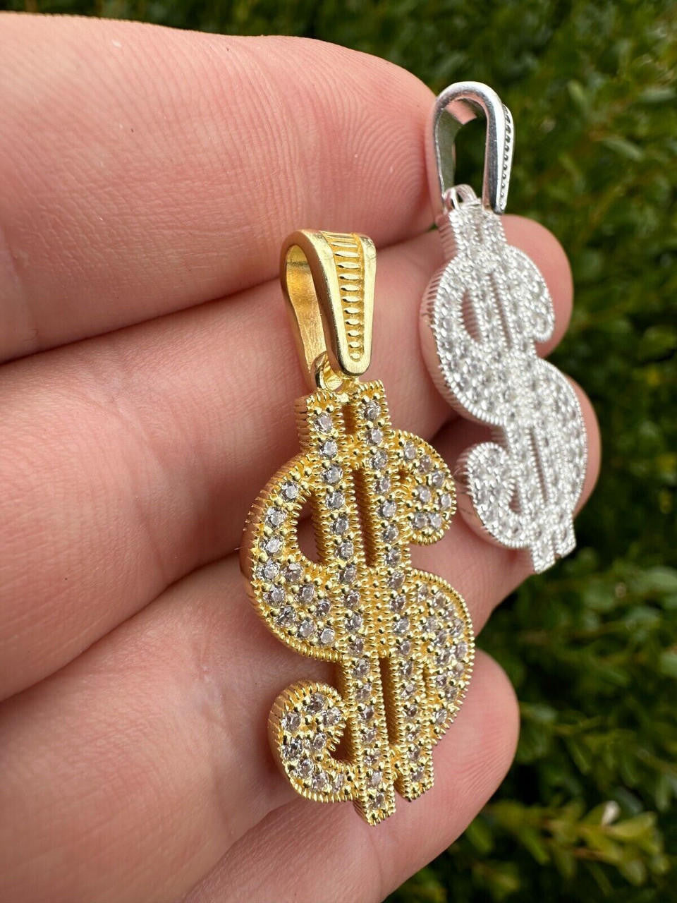 Real 925 Silver Gold Plated Iced Dollar $ Sign Money Hip Hop Pendant CZ Necklace