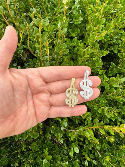 Real 925 Silver Gold Plated Iced Dollar $ Sign Money Hip Hop Pendant CZ Necklace