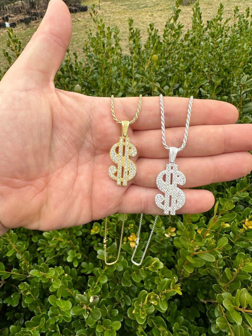Real 925 Silver Gold Plated Iced Dollar $ Sign Money Hip Hop Pendant CZ Necklace
