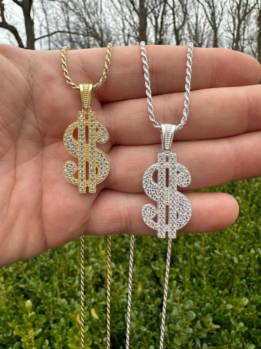 Real 925 Silver Gold Plated Iced Dollar $ Sign Money Hip Hop Pendant CZ Necklace