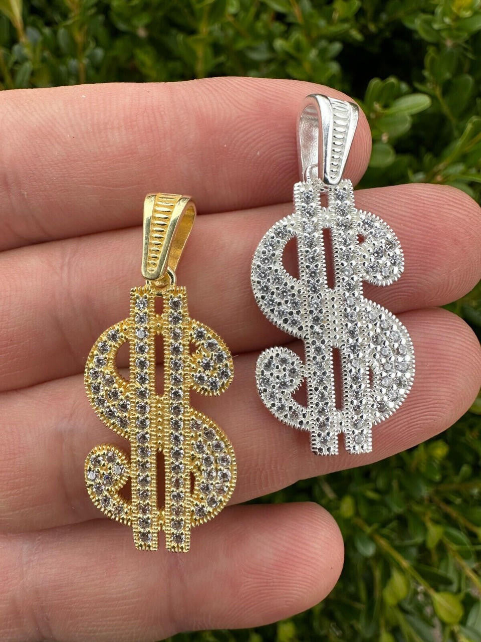 Real 925 Silver Gold Plated Iced Dollar $ Sign Money Hip Hop Pendant CZ Necklace